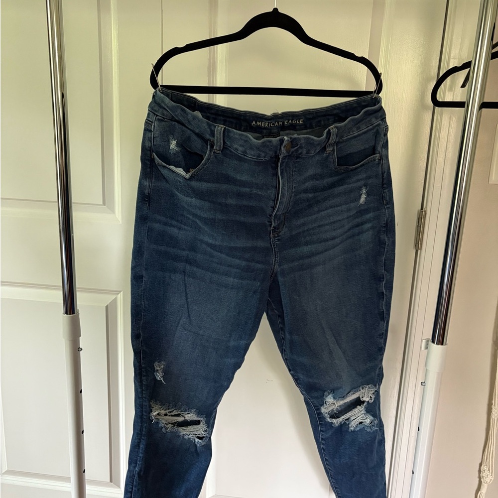 American Eagle Outfitters Women's Dark Blue Ripped Skinny Jeans